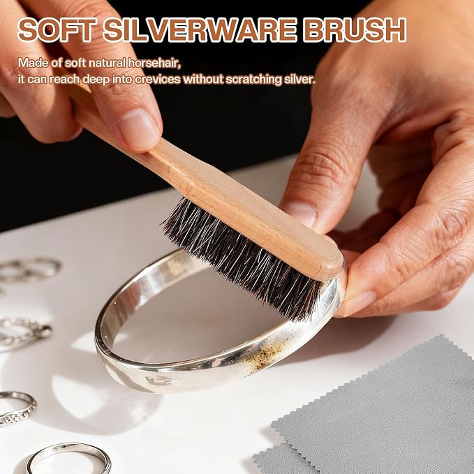 4 Pcs Horsehair Silver Cleaning Dauber Brushes Sterling Detail Polish Applicator Set with Polishing Cloth for Silverware Plateware Jewelry Cleaner(Style C)