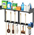 Broom Holder Wall Mount, 27" Large Mop and Broom Organizer Wall Hanging with Top Storage Shelf & Vacuum Hook, Heavy Duty Iron Utility Rack for Laundry Room, Garage, Kitchen, Garden - Black
