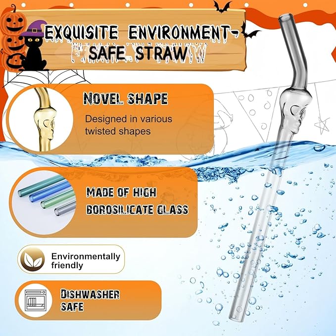 6 Pcs Skull Glass Straw Reusable Straws Shatter Resistant with 2 Cleaning Brushes Multicolor Clear High Borosilicate Glass Straws for Kids Adults Smoothies Juice (Skull, 8 Inch)