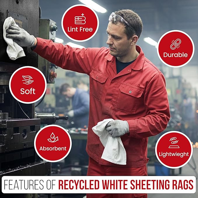 Recycled White Sheeting Cleaning Rags (600 lbs. Pallet 12x50 lbs. Box) – Lint Free White Cotton Cloths for Manufacturing | Automotive | Janitorial | Shop Rags Bulk - Multipurpose