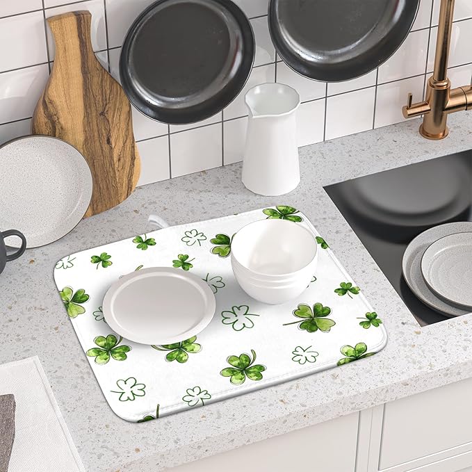 St Patricks Day Dish Drying Mat for Kitchen Counter Cute Shamrocks Holiday Microfiber Absorbent Dish Draining Reusable Washable Foldable 16"x18"