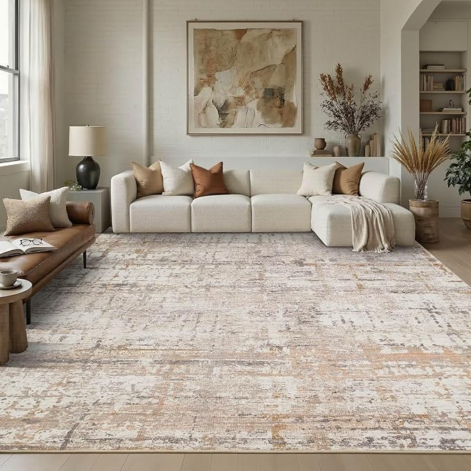 10x14 Extra Large Washable Area Rug, Soft Abstract Vintage Rug for Living Room, Bedroom, Office, Farmhouse, Low Pile Imitation Wool Non Slip Carpet Ideal for High-Traffic Areas, Beige Grey
