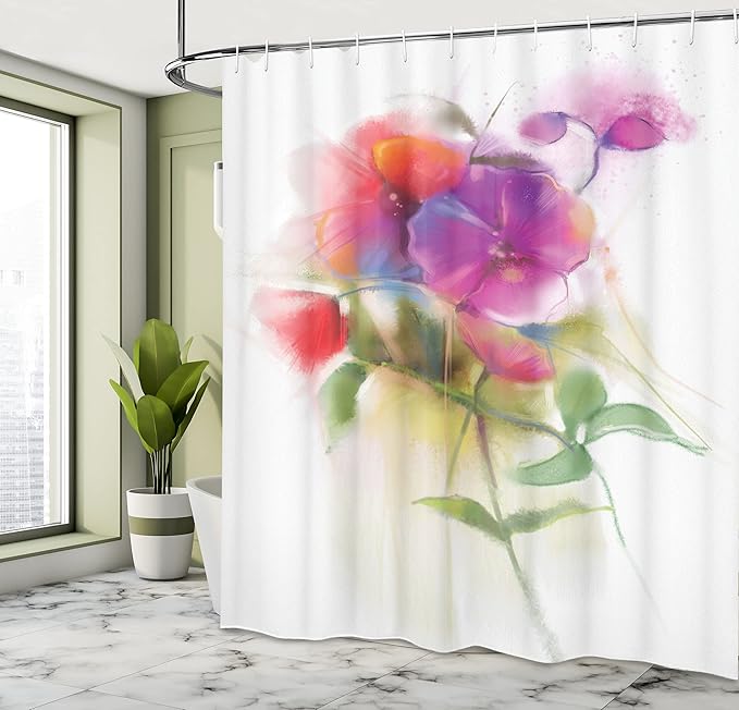 Ambesonne Flower Shower Curtain, Blooming Orchid Spring Bouquet Romance Wedding Themed Natural Beauties Fragrance, Cloth Fabric Bathroom Decor Set with Hooks, 69" W x 84" L, Off White Reseda Green