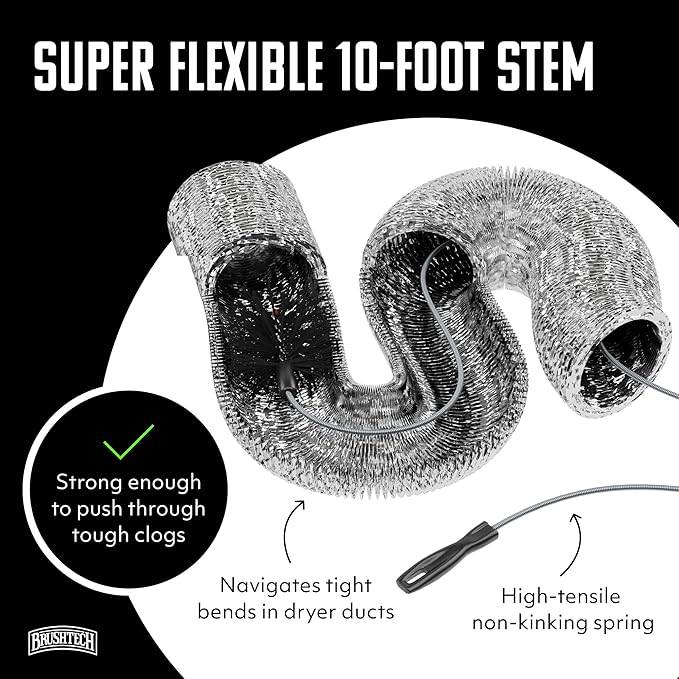 Brushtech Dryer Vent Cleaning Brush - 10-Foot Flexible Duct Cleaning Tool with Non-Kinking Spring for Lint Removal, Improved Airflow, Safer Dryers - Made in The USA, House Maintenance Supplies
