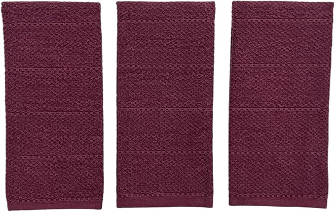 Purple Burgundy Wine Kitchen Hand Dish Towels: Oversized 28" x 18",100% Cotton Cloth Soft Cleaning Drying Absorbent Textured Design, Set of 3 Multipurpose for Everyday Use (Wine)