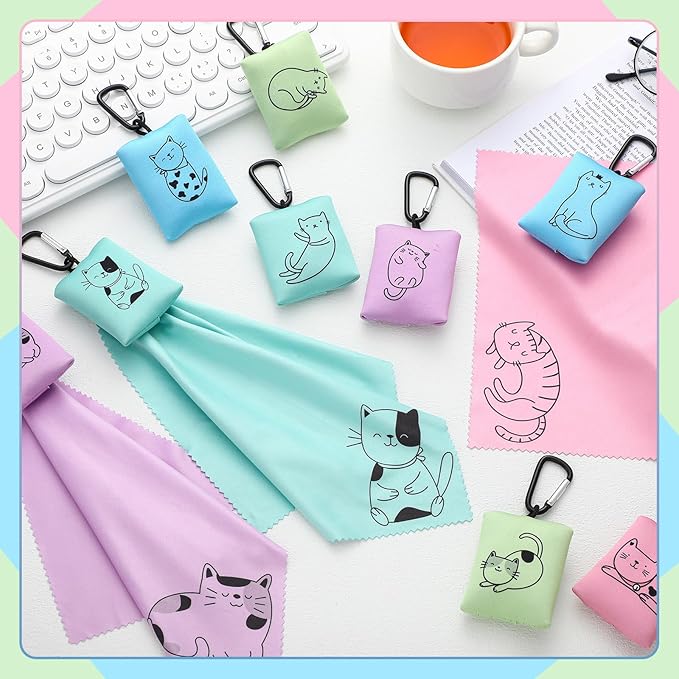 10 Pcs Microfiber Cleaning Cloth with Open Pouch Hanging Ring 8'' x 7.8'' Cute Kitty Cat Design Microfiber Cloth Soft Glasses Cleaner for Eyeglasses Camera Lens Cell Phone Screens Glasses