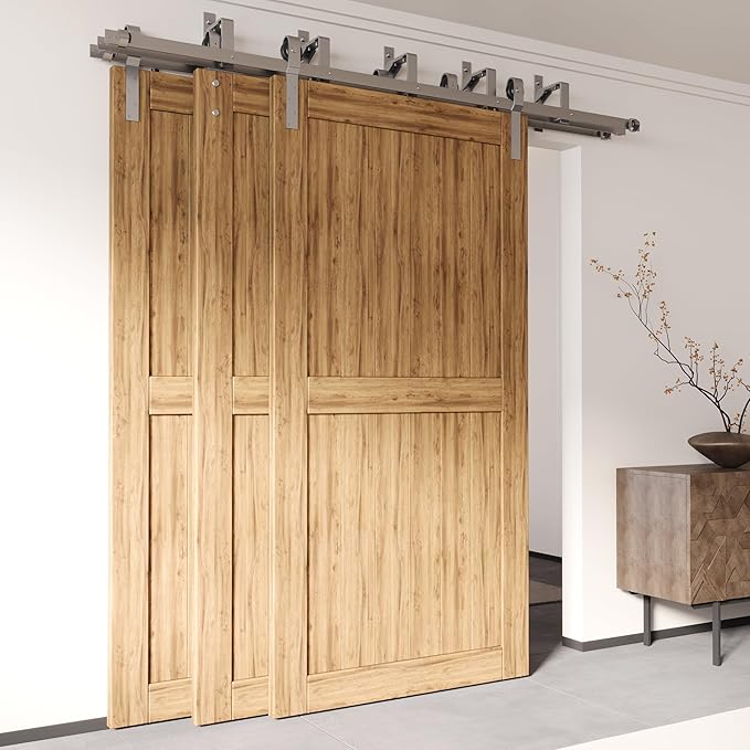 Homacer Brushed Nickel Rustic Triple Track Bypass Sliding Barn Door Hardware Kit (for Door Thickness 1-1/4in~1-3/8in), Three 7.5ft Long Flat Tracks,for Three Interior Doors（Doors NOT Included）