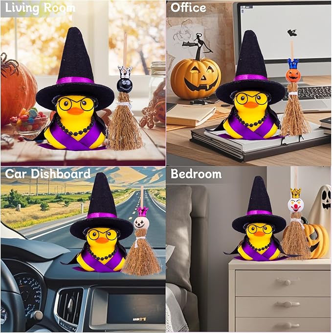 Halloween Duck Car Ornament, Rubber Duck Car Dashboard Decor with Mini Witch Hat Sash Glasses Cloak Mini Broom