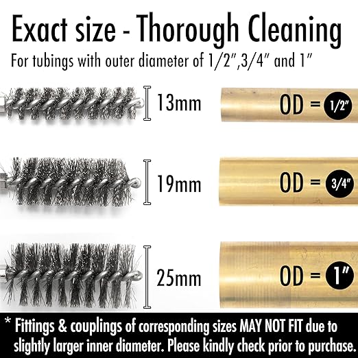 6pcs Copper Tube Pipe Cleaner, 1/2” 3/4” 1” Pipe Cleaning Brush Set, Stainless Steel Wire Bore Brushes for Power Drill, 1/4 Inch Hex Shank