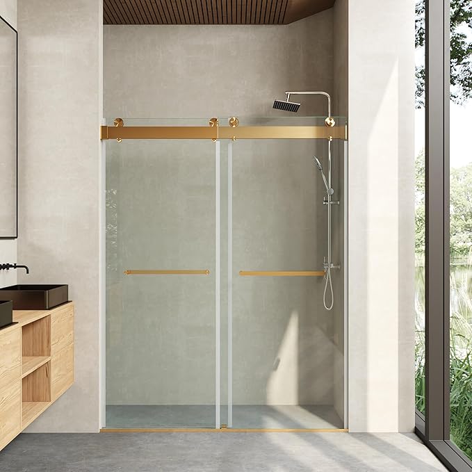 Frameless Soft Close Shower Door, 46"-48 "W, 76 "H, 3/8" (10mm) Clear Tempered Glass, Double Sliding Doors, Brushed Gold Finish.
