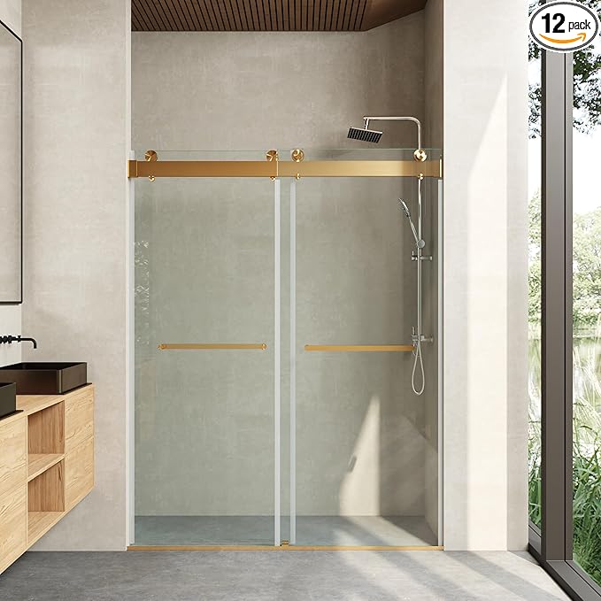 Frameless Soft Close Shower Door, 62"-66" W, 76 "H, 3/8" (10mm) Clear Tempered Glass, Double Sliding Doors, Brushed Gold Finish.