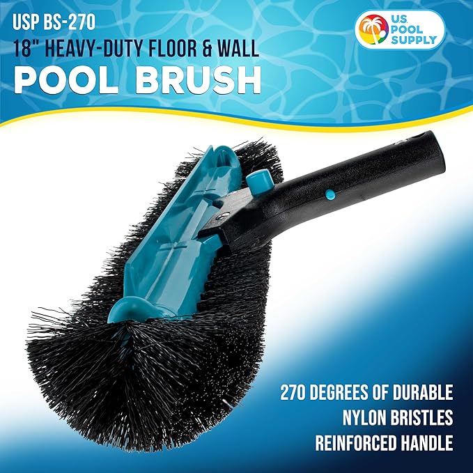 U.S. Pool Supply Pool Brush Head for Inground Pools - Heavy-Duty 18" Swimming Pool Brush with Pole Handle, 270° Bristle Scrub Brushes, Above Ground Cleaning Equipment Scrubber Cleaner Leaves Debris