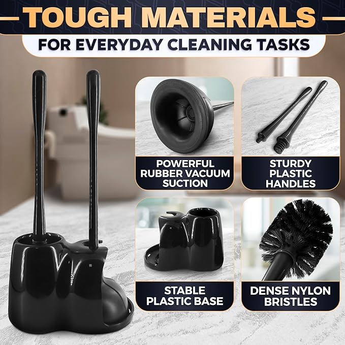 2-in-1 Black Toilet Brush and Plunger Set with Holder – Compact Bathroom Cleaning Combo, Strong Rubber Plunger & Stiff Bristle Brush, Space-Saving Stand, Fits Most Standard Toilets, 9.3×6.3×15.2 inch