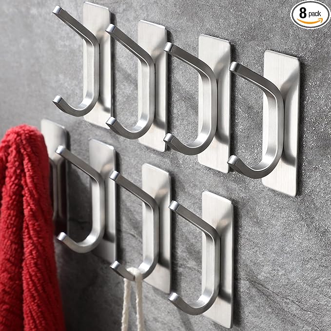 Taozun 8-Pack Adhesive Hook, Towel Hook/Coat Hook for Hanging Robe, Heavy Duty Adhesive Hooks Stick on Bathroom or Kitchen, Stainless Steel