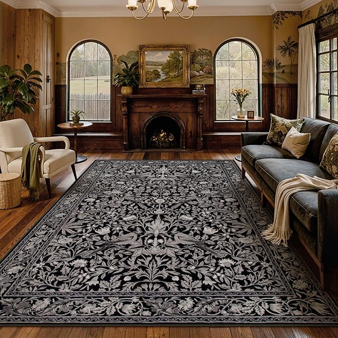 Lahome Bird Living Room Rugs 8x10, Soft Washable Black Rug for Bedroom, Dining Room Rug for Under Table，Non-Slip Stain Resistance Botanical Ultra-Thin Vintage Carpet for Office