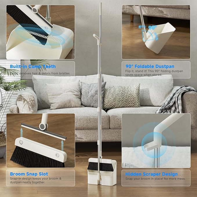 Magnetic Broom and Dustpan Set with Silicone Broom Squeegee, 55'' Broom with Dustpan Combo Set Self-Cleaning Teeth Design Upright Standing Dustpan Blue Microfiber Cloth for Indoor Floor Home Kitchen