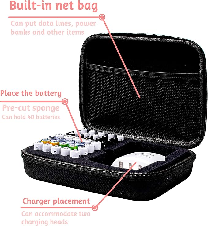 Battery Organizer Storage Bag, Safe Neat Shockproof Hard Portable Batteries Case, Holds 40 AA and AAA Batteries with Mesh Pocket for Chargers