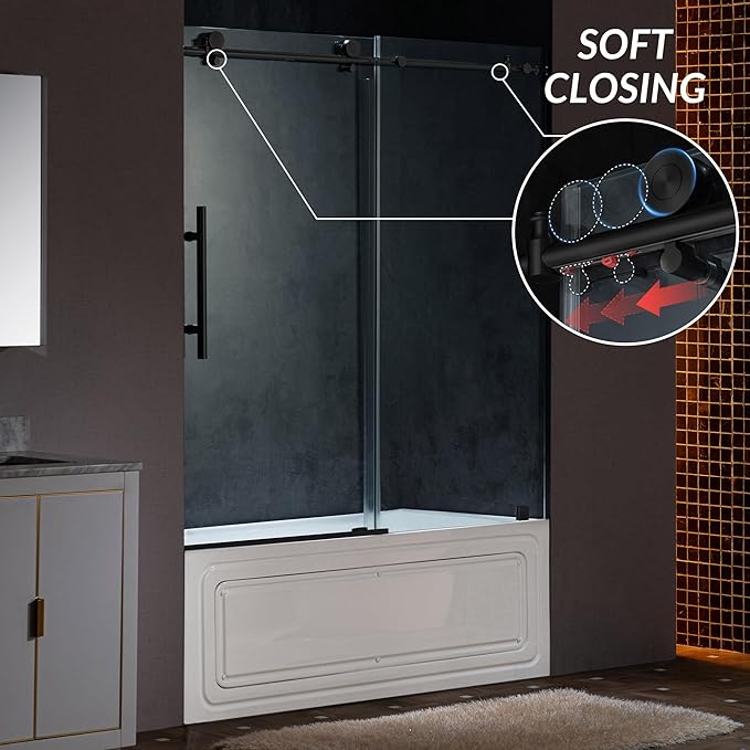 Woodbridge Frameless Single Sliding Shower Doors in Matte Black Finish, 57.5-60" Width x 62" Height with 3/8"(10mm) Clear Tempered Glass, Soft Close System and Explosion-Proof Film, BSDC6062-MB