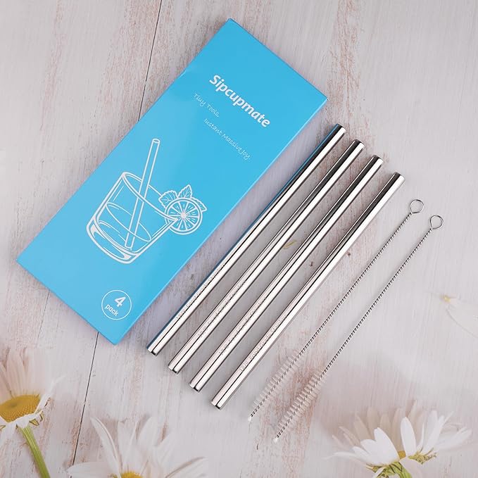 Metal Straw Replacement Compatible with Owala 16oz Freesip Water Bottle, Includes 4 Reusable Food-Grade Stainless Steel Straws and 2 Cleaning Brushes for Easy Maintenance.