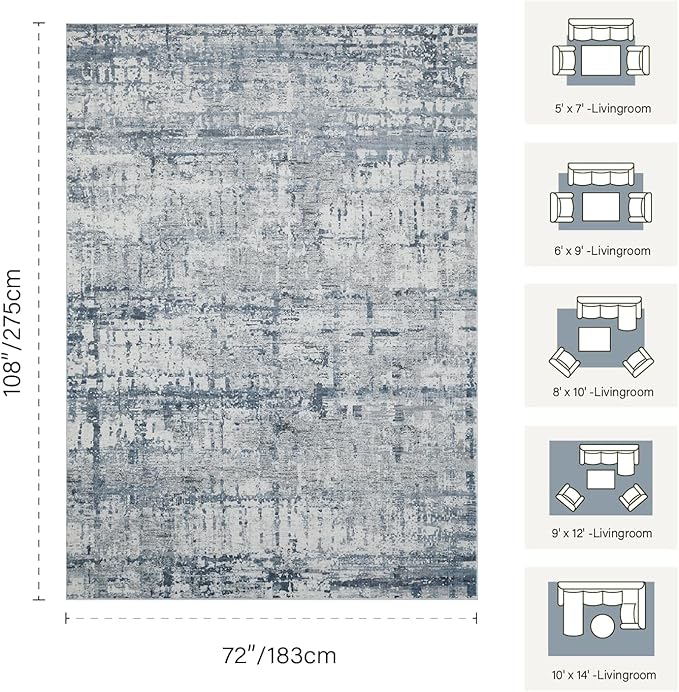 6x9 Washable Area Rug for Living Room, Modern Abstract Large Boho Rugs for Office, Dining Room, Kids Room, Farmhouse, Durable Low Pile Non Slip Carpet for High Traffic Areas, Blue Grey