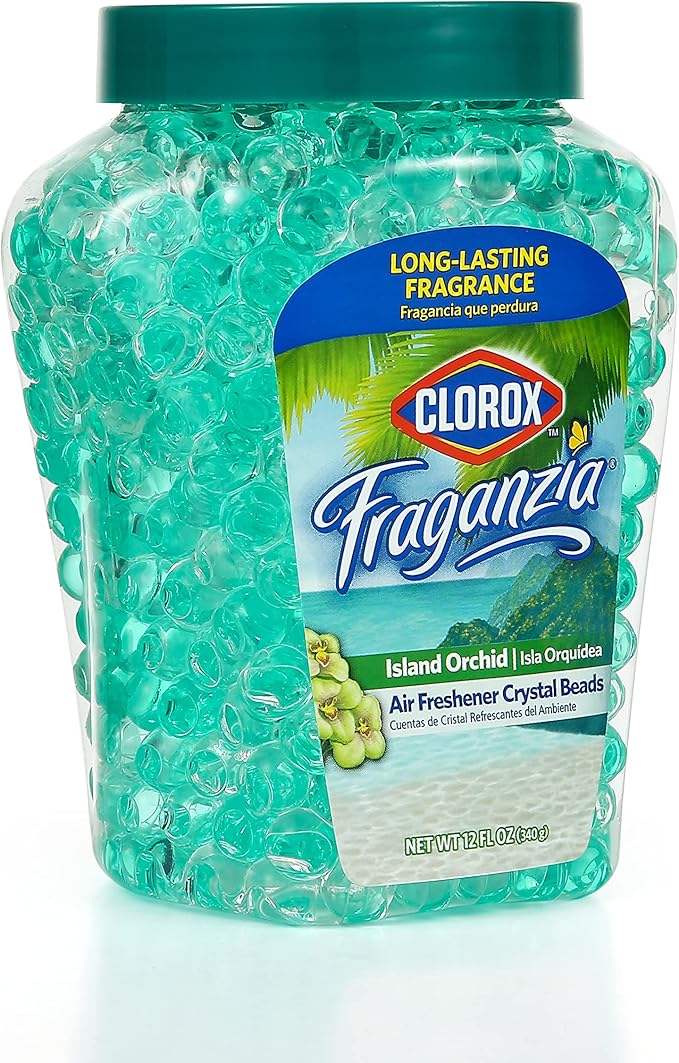 Clorox Fraganzia Crystal Beads Air Freshener, Long Lasting Room Deodorizer and Odor Eliminator Gel Beads to Freshen Home, Car, or Office, Island Orchid Scent, 12 Fl Oz