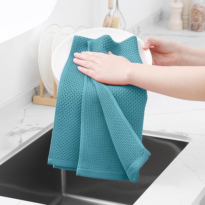 Homaxy 100% Cotton Waffle Weave Kitchen Towels, 3-Pack Ultra Soft Absorbent Dish Towels, Quick Drying Cleaning Towels, 13 x 28 Inches, Lake Blue