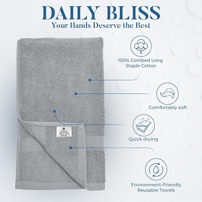 DAN RIVER 6-Pack Premium Hand Towels (16x28 Inches) - 100% Cotton, Ultra Soft, Lightweight, Highly Absorbent Towels for Bathroom, Spa, Gym, Salon, Hotel, and Travel - Silver