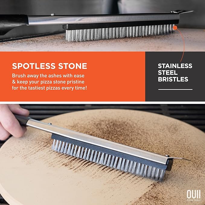 26'' Pizza Oven Brush with Stone Scraper - Includes 3 Brush Heads, Heat-Resistant Silver Stainless Steel Bristles - Long Grip Handle, Compatible with Ooni, Gozney, Blackstone, Solo Stove Ovens