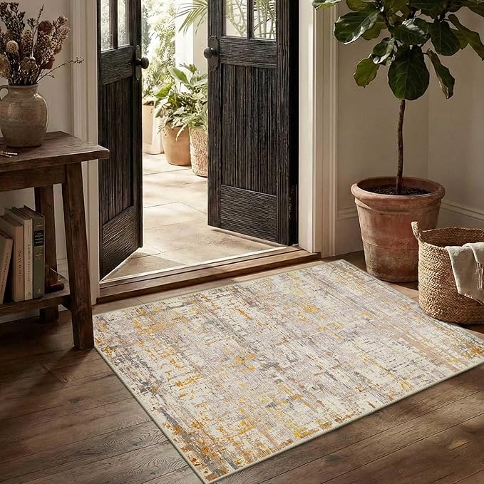 2x3 Entryway Rug,Door Mat Indoor Entrance, Washable Non Slip Kitchen Bathroom Rugs, Ultra-Thin Throw Small Rug for Front Door, Gold Beige