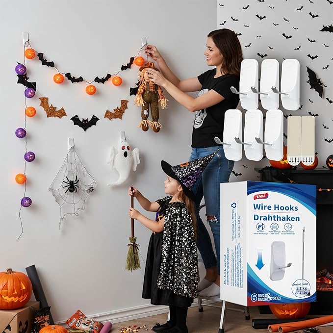TAILI Hooks for Hanging,6 Wire Sticky Hooks and 8 Adhesive Strips, White Utility Hooks for Painted Wall, No Damage Heavy Duty Holds up to 3 lb, Removable & Reusable for Door, Dorm, Clothes, Kitchen