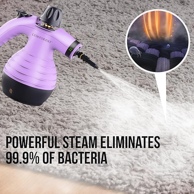Comforday Multi-Purpose Handheld Pressurized Steam Cleaner with 9-Piece Accessories, Handheld Steamer Perfect for Stain Removal, Curtains, Car Seats, Floor, Bathroom, Window Cleaning (Purple)