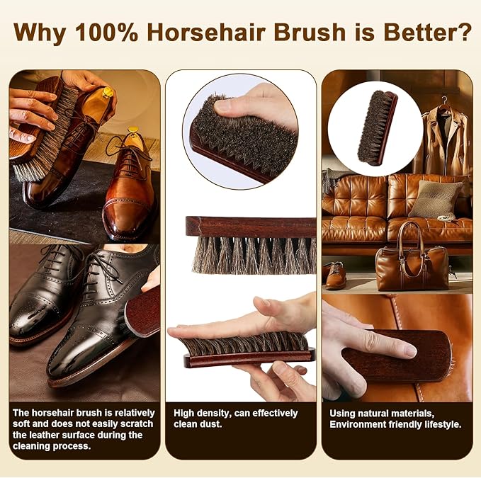 Professional 100% Horsehair Shoe Brush Premium Soft Horsehair Dauber Applicators for Leather Shoes, Boots, Coats & Purses, Curved Handle for Comfortable Grip, Perfect for Leather Shine & Polish