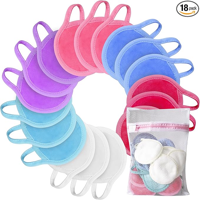 Nugilla Reusable Makeup Remover Pads, 18 Packs Microfiber Face Cloth with a Washable Laundry Bag, Reusable Rounds Towels for Face Cleaning, Soft Facial Rounds Wipes Eyes/Lips Clean for Women Gifts