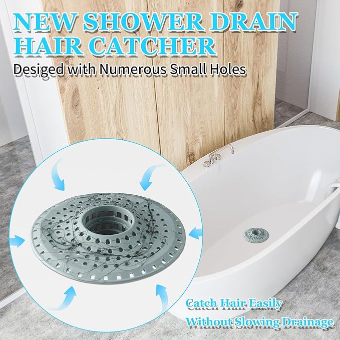 Shower Hair Drain Catcher, Silicone Bathtub Drain Hair Catcher Strainer, All-in-one Tub Hair Catcher Drain Protector for 1.48'' to 1.76'' Regular Drains, 3PCS/Greyish Blue