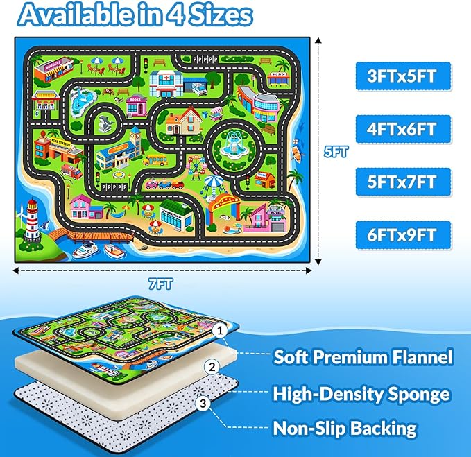 Kids Rug, 5x7 FT Island City Car Rug Play Mat with Realistic Roads and Tracks, Non-Slip, Stain Resistant, Machine Washable, Interactive City Road Carpet for Kids Room, Playroom & Nursery