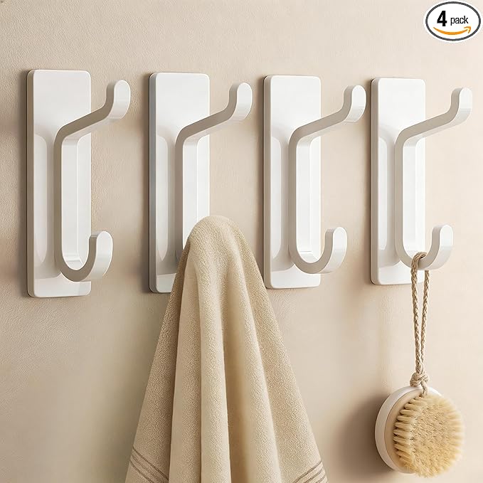 Self Adhesive Wall Hooks for Hanging: Extra Strong 13 LB, Hook for Coat, Towel in Bathrooms, Shower, Kitchen, Wall, Door Hook, White 4 Pack