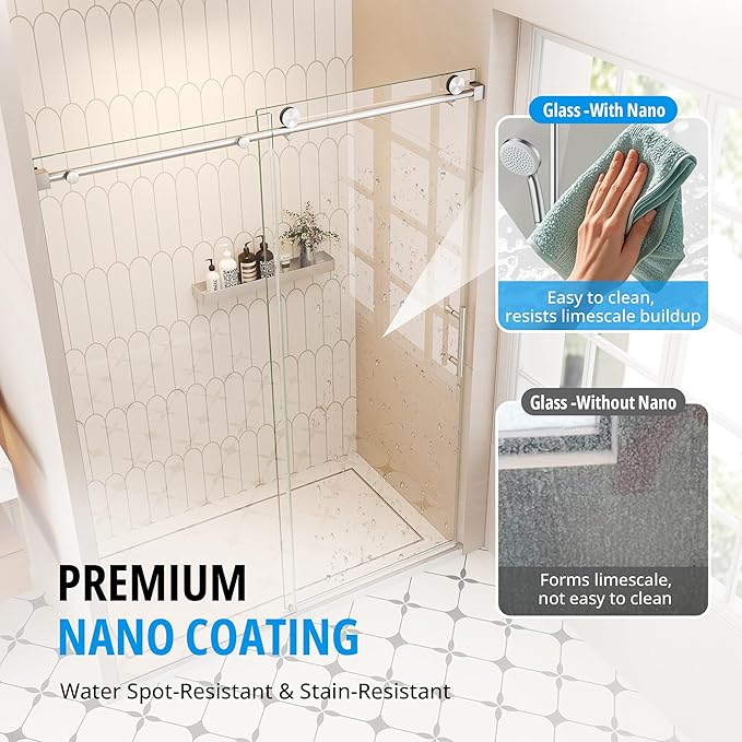 Frameless Sliding Shower Door 56–60 in W x 76 in H, 10mm Clear Tempered Glass Shower Doors Glass Sliding 60 Inches, Single Nano Coating, Stainless Steel Hardware, Silent Smooth Rollers, Brushed Nickel