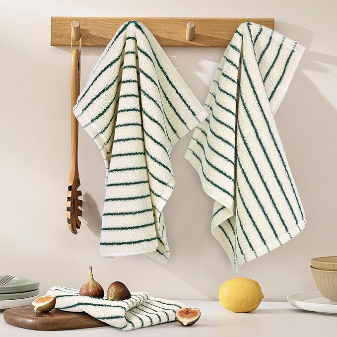 Jacquotha Striped Cotton Washcloths 12 Pack, 13” x 13” - Soft Wash Cloths for Bathroom, Kitchen, Gym, Face, Green and Cream