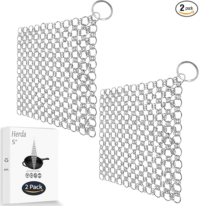 2pcs 5”x5“ Chain Mail Cast Iron Cleaner Scrubber, 316 Chainmail Scrubber Cast Iron Skillet Cleaning Brush, Chainmail Scrubbing Metal Scrub Tool to Clean Dutch Oven Carbon Steel Wok Grill Pan Pot