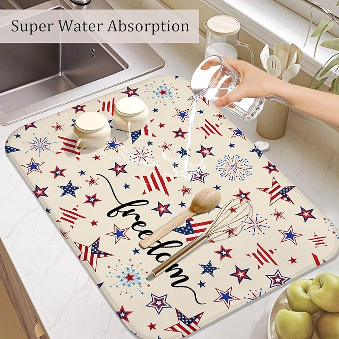 4th of July Dish Drying Mat for Kitchen Counter,Independence Day Stars Memorial Fallen Soldiers Microfiber Drying Mat, Washable Absorbent Patriot Kitchen Countertop Dish Mat Draining Mat 18×24Inch