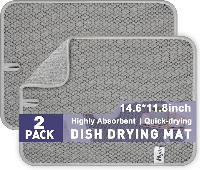 14.6*11.8 inch Microfiber Dish Drying Mat,2 Compact Ultra Absorbent Dish Mat Drying Kitchen Mat,Small Dish Drying Mats for Kitchen Counter,Draining Racks,Sinks (Gray)