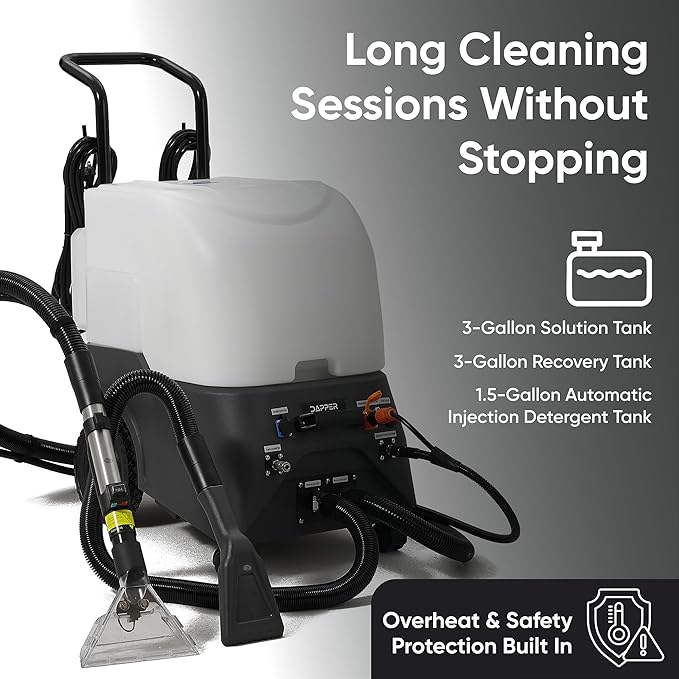 Dapper Commercial Carpet and Upholstery Extractor Cleaning Machine with Steam, Spray-Vacuum, Blower & Mite Remover. 3 Gal Tanks — Designed for Deep Cleaning. Dual Separate Circuit Power Cords