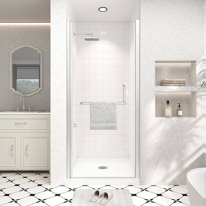 Frameless Pivot Shower Door 32"-34" Wx72 H,1/4"(6mm) Clear Nano Coated (SGCC) Tempered Glass,Reversible Swing Shower Door for Walk-in Shower,Modern Brushed Nickel Finish