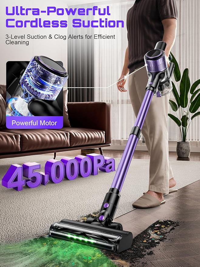 Cordless Vacuum Cleaner, 45KPA /10-in-1 Stick Vacuum with 29-inch Hose, 45Mins Runtime Vacuum Cleaners for Home, Anti-Tangle Brush, Lightweight Rechargeable Vacuum for Hardwood Floor (Purple)