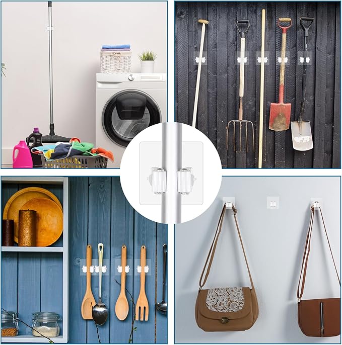 36 Pcs White Wall Hook Set,Include 24pcs Hanging Hook,12pcs Broom and Mop Holder Wall Mounted for Bathroom,Kitchen,Office,Outdoor and Indoor Tool Organizer