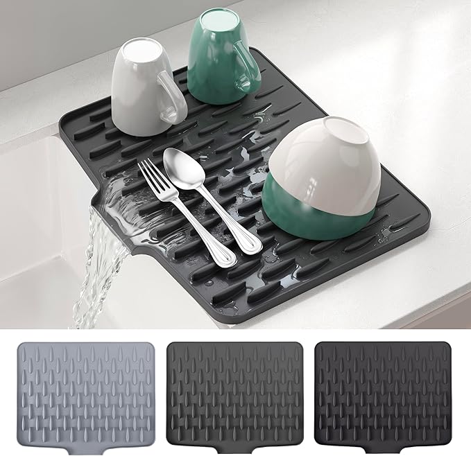 CHIKILLA Silicone Dish Drying Mat for Kitchen Counter, Fast Drainage Design for Vegetables Fruits, Heat Resistant, Non-Slip , Dishwasher Safe – 15.7x13 inch Graphite Gray