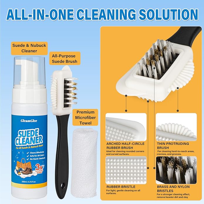 Suede Cleaning Kit 6.76oz – Effectively Removes Dirt, Stains & Water Marks – Includes Suede Brush & Microfiber Towel for Cleans & Restores Shoes, Boots, Jackets, Bags, Purses & More