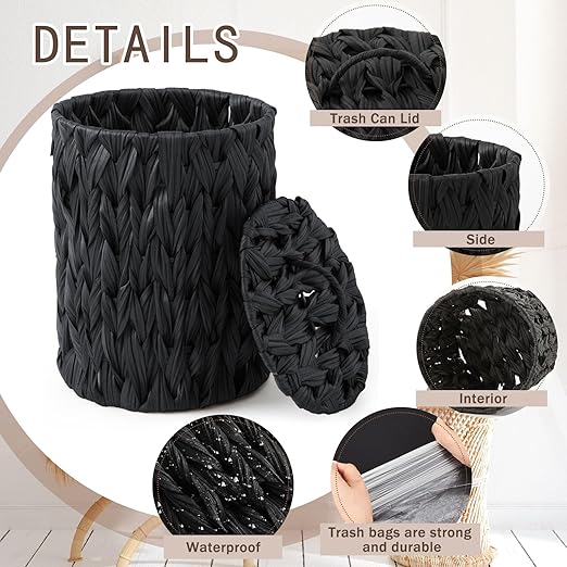Ctosree 1.3 Gallons Small Trash Can with Lid Handle Boho Woven Braided Bathroom Waste Basket Trash Can with 100 Garbage Bags for Bedroom Office Laundry(Black,Braided Polypropylene,Round)