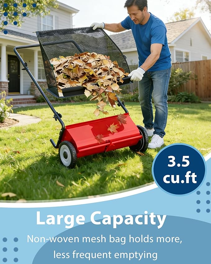 Push Lawn Sweeper, 21 Inch Extra-Wide 4-Brush System, 3.5 cu.ft. Mesh Bag, Heavy Duty Steel Frame, Height-Adjustable Yard & Garden Cleaner for Leaves and Grass, Red