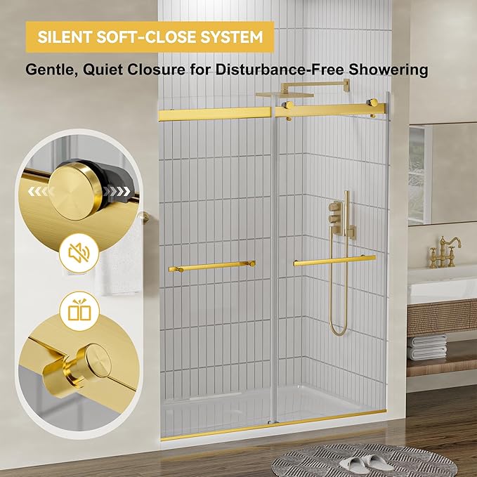 56"-60" W x 75" H Frameless Shower Door, Double Sliding Shower Door,5/16"(8mm) Clear Tempered Glass,Silent Soft-Close Design,Brushed Gold